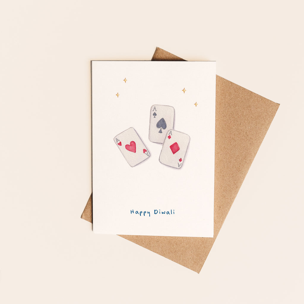 Diwali Teen Patti Card - handmade Diwali greeting card featuring a teen patti card game illustration