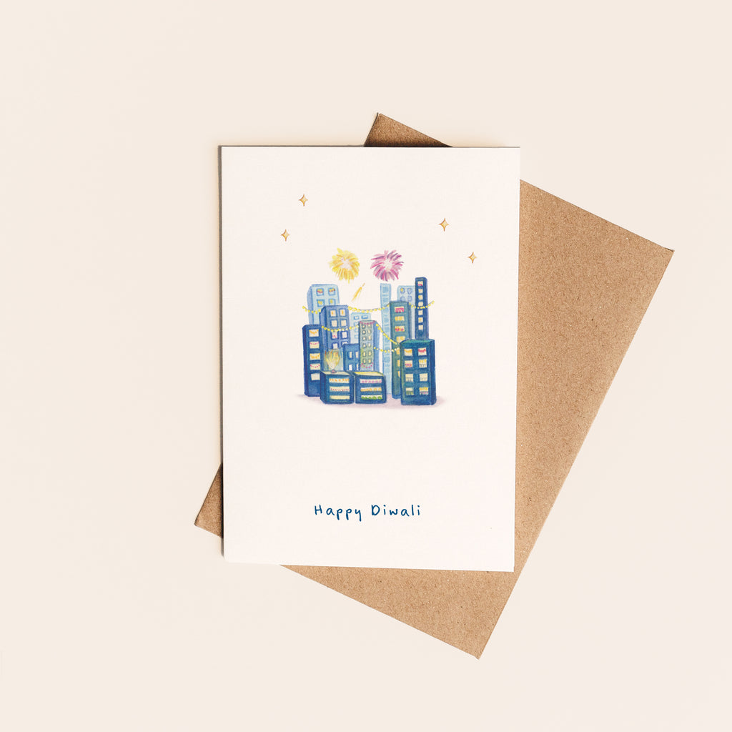Diwali City Lights Card - handmade Diwali greeting card featuring a city lights illustration