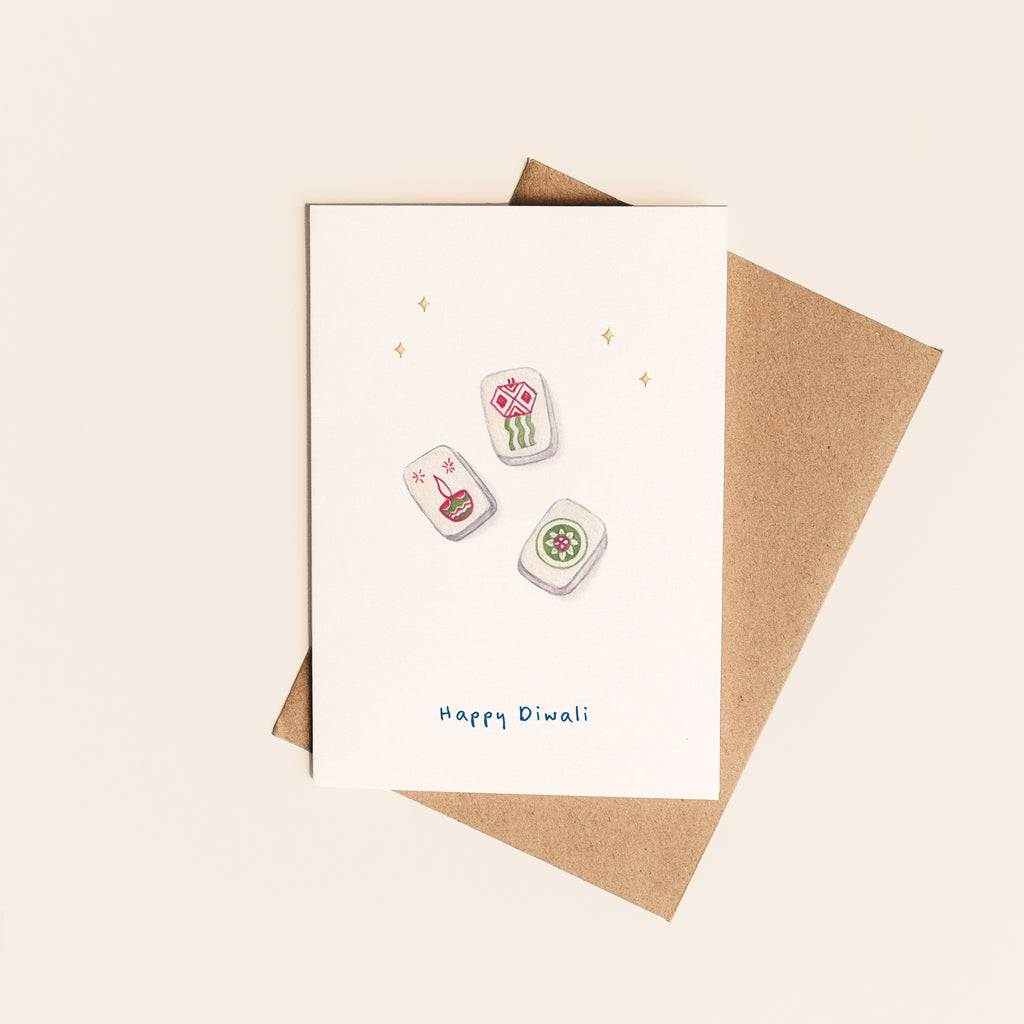 Diwali Mahjong Party Card - handmade Diwali greeting card featuring a mahjong party illustration