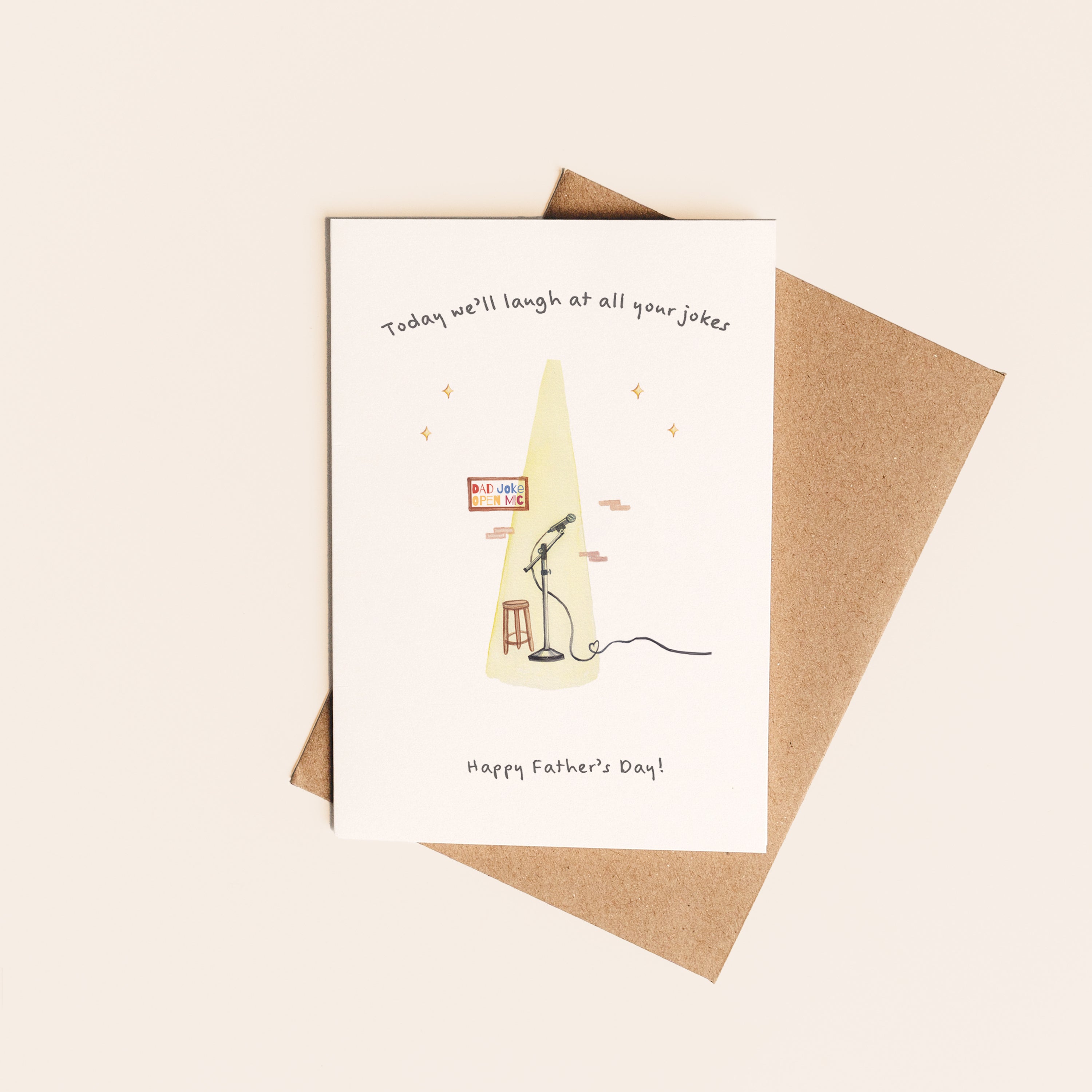 Father's Day card with illustration of a microphone and text on a beige background