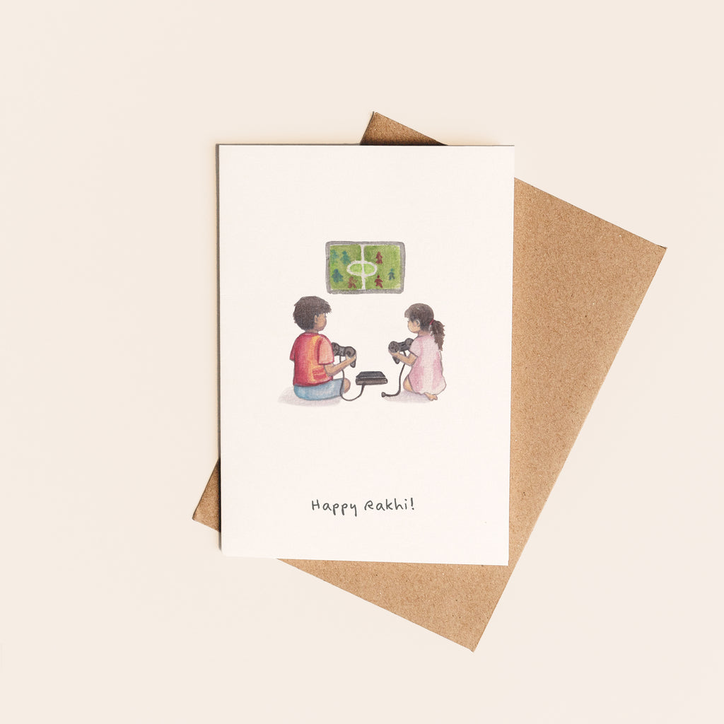 Video Game Rakhi Card - handmade Rakhi greeting card featuring a video game controller illustration